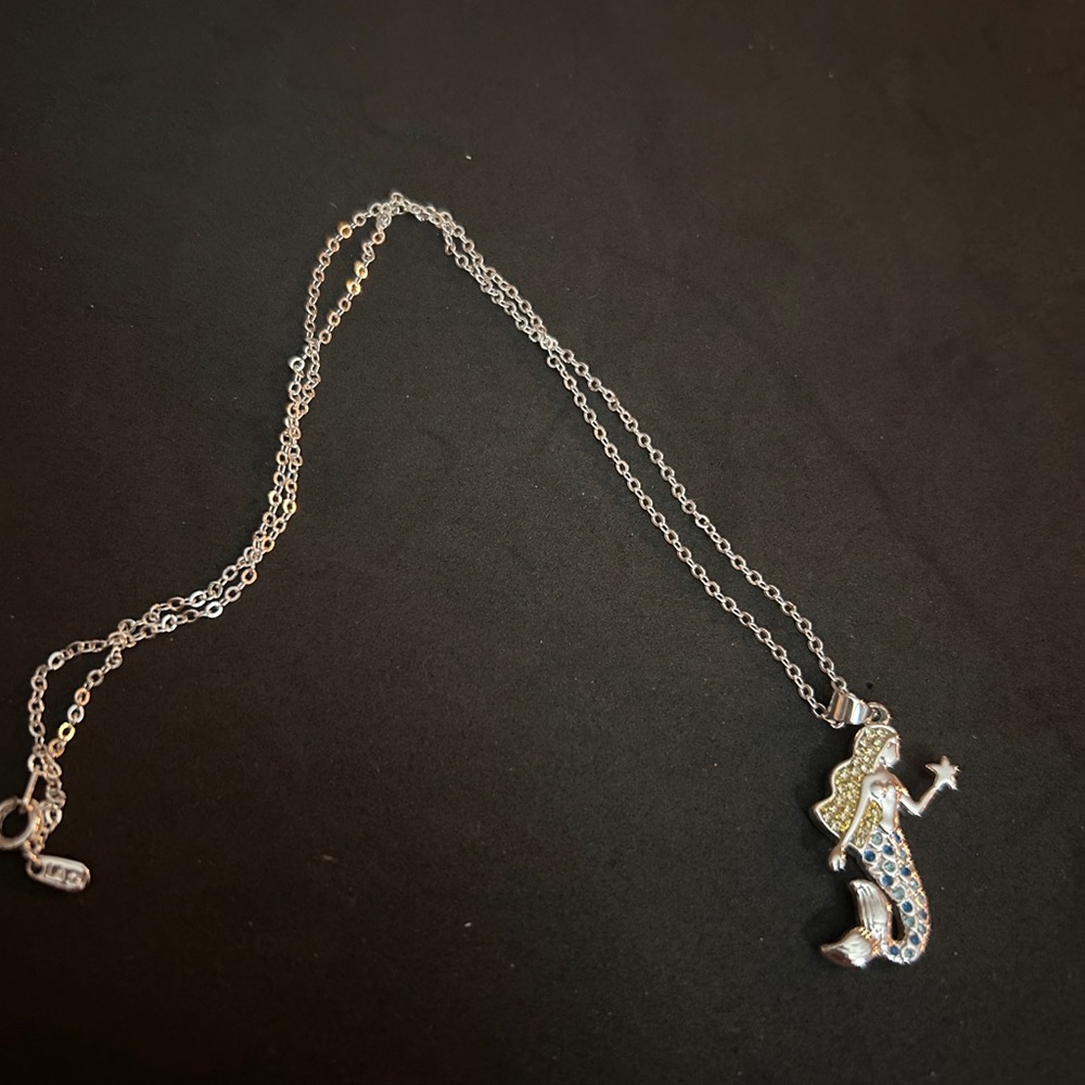 Silver Mermaid Pendant Necklace with Blue and Yellow Accents